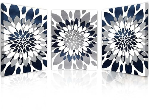 Qiukoo Set of 3 Wall Art – Framed Canvas Wall Art Navy & Gray Floral Mandala Triptych for Bedroom Decor, Living Room, Hallway & Stairs – Posters for Bedroom, Wall Prints & Pictures 12x16 Inch