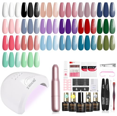ROSALIND Kit Vernis Semi Permanent Complet, 20+4 PCS Vernis Gel avec 48W UV/LED Lampe Ponceuse à Ongles Électrique, Kit Ongle Gel UV Complet Cadeau Blanc Noir Violet Rouge Bleu Vert