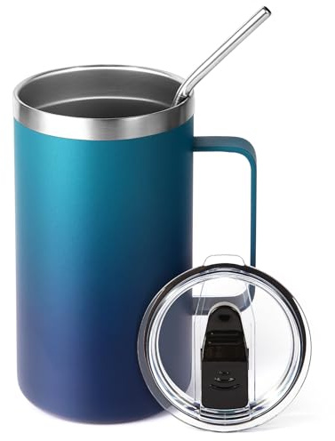 Volhoply 700ml (24oz) Insulated Coffee Mug with Lid and Straw, Stainless Steel Travel Mugs with Handle, Leak Proof Double Wall Coffee Cup for Hot and Cold Drinks (Dark Night,1 Pack)