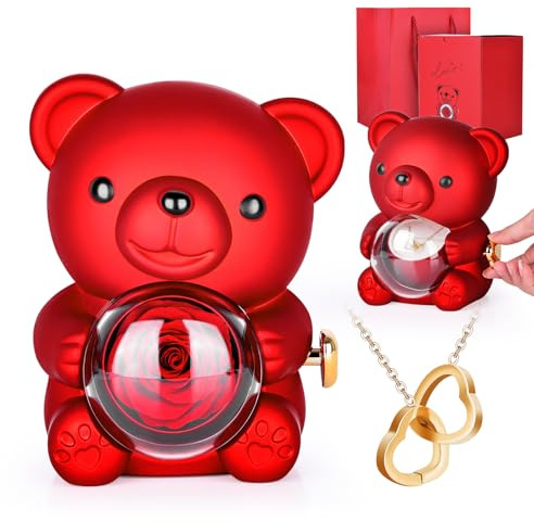 Anveltech Orsacchiotto di rose conservate, vera rosa in elegante confezione regalo, regalo romantico per lei, perfetto per la festa della mamma, anniversario, matrimonio o addio al nubilato