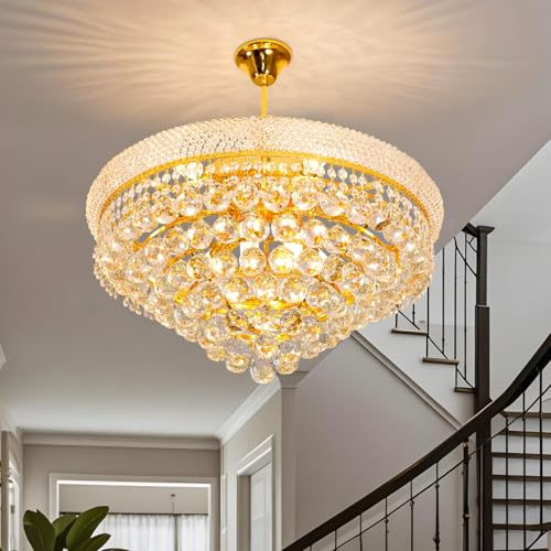 Vrygle Lámpara de Araña de Cristal Moderna Dorada: Lámpara de Techo Redonda para Salón, Dormitorio, Comedor y Restaurante, Iluminación Interior de Cristal, Incluir E14 x 9, Ø 62 cm