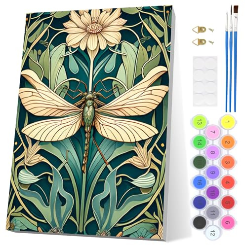 EOBROMD Pintar por Numeros Adultos, Libélula Clásica Pintura por Numeros con Marco, Kit de Pintura al óleo de Lienzo DIY para con Pinceles, Pigmento Acrílico, Decoración para el Hogar 20x30cm