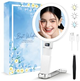 MIYADIVA Espejo De Aumento Iluminado 1X/30X, Espejo De Maquillaje De Doble Cara con Soporte Ajustable En Altura, Pantalla Digital De Energía Y 3 Colores De Luz Regulables, Blanco