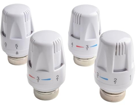 4 Pack Thermostatic Radiator Valve Head M30x1.5, Adjustable 5-Level Heating Controller with Anti-Freeze Protection, Alloy and Plastic Replacement for Home Temperature White