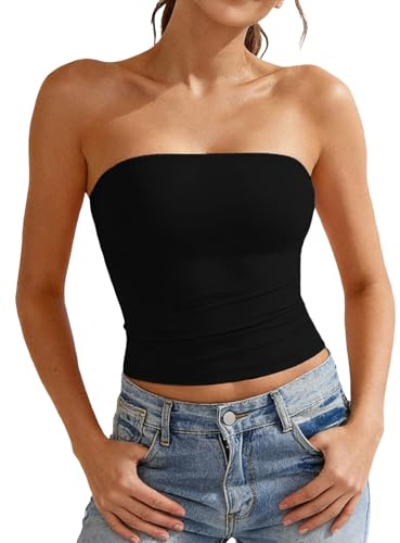 Tubo Top Mujer Camiseta Sin Tirantes Verano Bandeau Slim Fit Sin Mangas Crop Tops con Banda Elástica Doble Capa Blusa Tubo Básico Y2K Shirt Sexy Sin Acolchado Bustier Tank Shirt Aesthetic Clothes S-XL