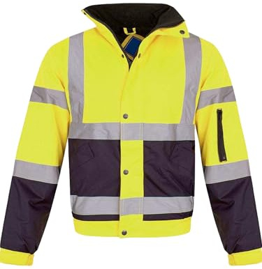shelikes Hi Vis Viz Visibility Bomber Workwear Security Safety Fluorescent Hooded Padded Waterproof Work Wear Jacket Coat [Yellow/Navy S]