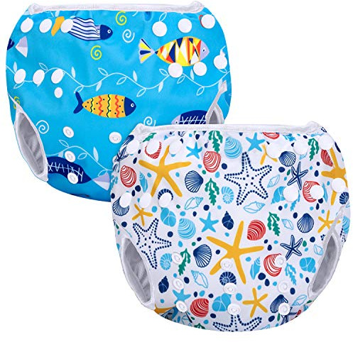 Luxja Swimming Nappy Reusable (Pack of 2), Adjustable Swim Nappies for Baby (0-3 Years), Washable, Shell + Blue Fish