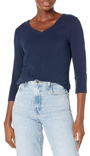 Amazon Essentials Camiseta con Cuello en V y Manga 3/4 de Corte Estándar (Disponible en Tallas Grandes) Mujer, Azul Marino, M