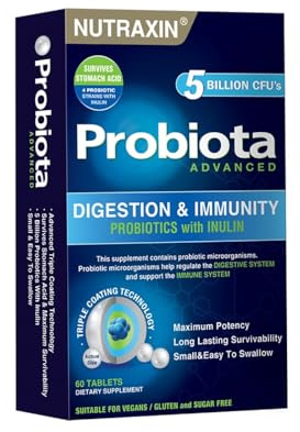 Nutraxin Probiota Advanced - 2x1.25 Billion CFU Probiotics - 60 Tablets with 4 Strains (Lactobacillus and Bifidobacterium) & Inulin - Allergens-Free Supplement for Adults