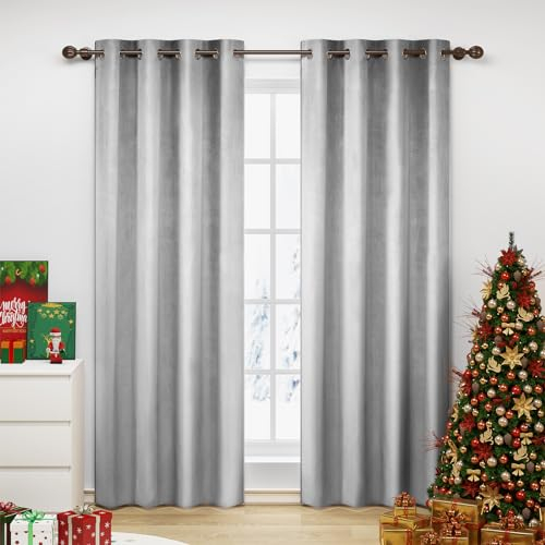 WOLTU Verdunklungsvorhang Blickdicht Samtvorhänge mit Ösen, 2 Stücke Thermogardine Ösenvorhang 300 g/m² Schwere Verdunkelungsgardinen lichtdicht für Schlafzimmer Wohnzimmer, 140x245 cm Hellgrau