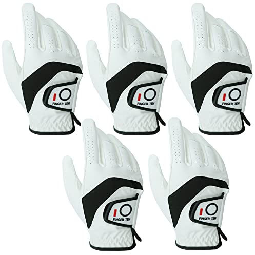 FINGER TEN Gant Golf Homme Main Gauche Droite Cuir Droitier Cabretta PoignÉE Value 5 Pack, Gants de Golf Antidérapants PU Respirant Abordable Tous Les Temps pour Sports (Blanc, S, Droite)