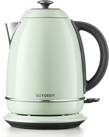 BUYDEEM K640E Electric Kettle Retro, Stainless Steel, 1.7L, 2000W, Lime water filter, BPA-Free, Auto Shut-Off, Dry Protection,Cozy Greenish