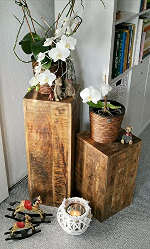 casamia Blumensäule Set 27x27cm 2 Stück Blumen Hocker Holz Mango Pflanzenständer Beistelltisch quadratisch