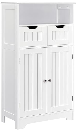 Yaheetech Mueble Baño Auxiliar con Dos Cajones Armario de Baño de Madera Mueble Auxiliar de Cocina con Estante Ajustable para Salón Entrada 60 x 30 x 104,5 cm Blanco
