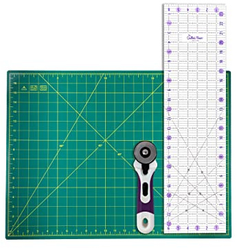 The Quilted Bear 18 x 24 Heavy Duty Self Healing 5 Layer Cutting Mat with 6.5 x 24 Non-Slip Ruler & 45mm Ergonomic Soft Grip Rotary Cutter (Green)