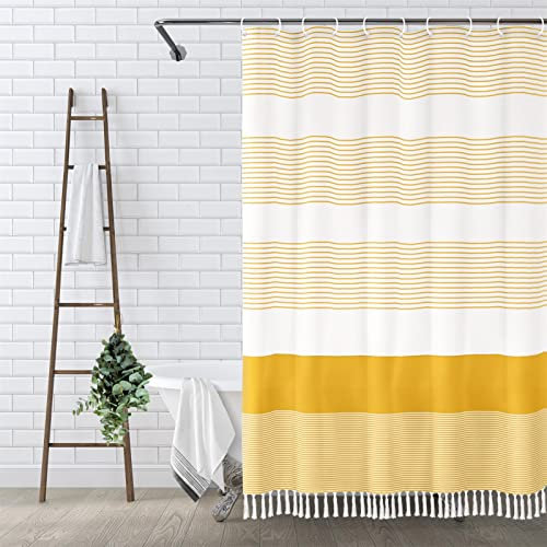 Awellife Boho gul duschdraperi för badrum bondgård naturligt linne rand tofs duschdraperi (gul, 183 cm L x 213 cm B)