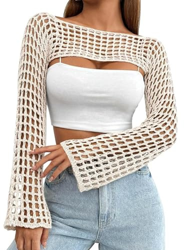 CAMNOW Dam virkade magtröjor Y2k stickad ryckning tröja ihålig långärmad bikini genomskinlig täckningar, BEIgE, S