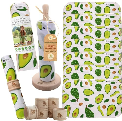 Wiederverwendbare Küchenrolle aus Baumwolle, 10 Stück waschbare Küchenrolle waschbar mit Holzhalter MADE IN EU; mehrveg wiederverwendbare Küchenpapier aus Stoff; Küchentücher; Reusable Kitchen Towels