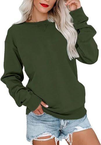 VIGVAN Damsweatshirt, pullover, elegant, basic, långärmad tröja, rund hals, bomull, tröja, höst, vinter, lediga toppar, långärmade toppar, Armégrön, L
