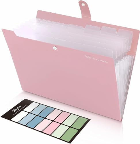 SKYDUE Dokumentenmappe A4, Mappe Mit 8 Fächern, Fächermappe A4 Mit Etiketten, Tragbar Ordnungsmappe Mappen Ordnersystem, Sortierordner Mappe Mit Fächern (Rosa)