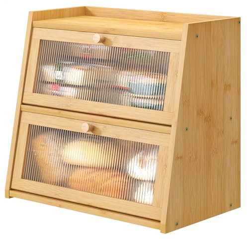 viewcare Bread Box for Kitchen Counter, Double Layer Large Bamboo Wood Bread Box, Bamboo Bread Storage Container with Wavy Acrylic Transparent Door