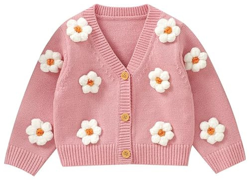 LAWKUL Baby Toddler Girl Cardigan Warm Sweater Floral Long Sleeve Jumpers Coats Knitted Clothes Pink 6-9 Months