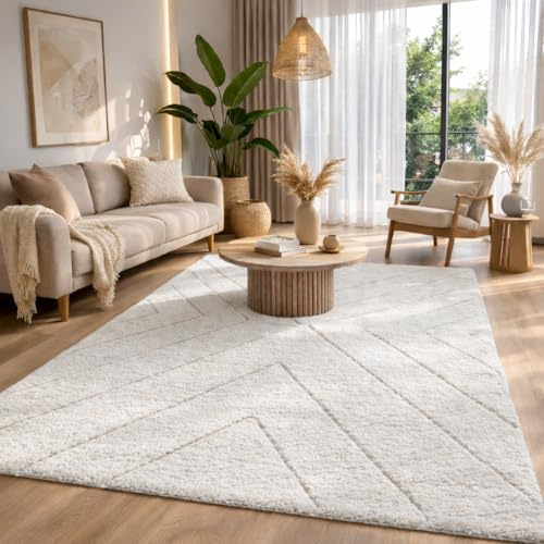 the carpet Bahar Shaggy - Alfombra de diseño Elegante para Sala de Estar, Alfombra de Pelo Largo Suave y fácil de cuidar para el salón, Crema, 140 x 200 cm