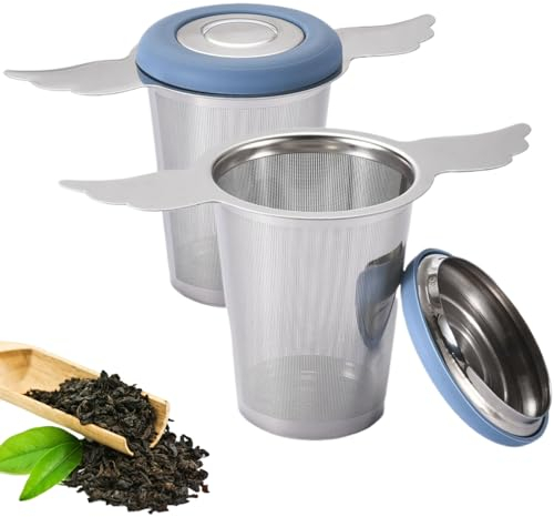 2-Stück Teesieb für Losen Tee aus Rostfreier Edelstahl 18/8, Sehr Fein Sieb für Tee mit Deckel/Abtropfschale, Geräumiger Teefilter mit Breiter Doppelgriff für Teekanne/Tasse/Becher, Spülmaschinenfest
