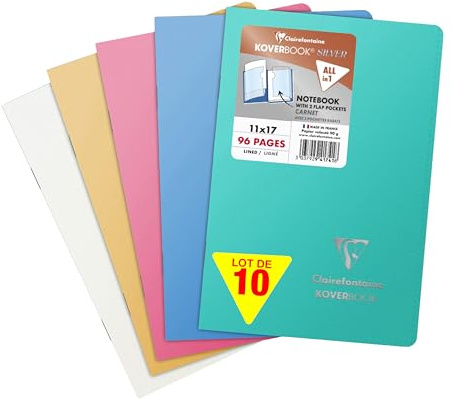 Clairefontaine 941741C Lot de 10 Carnets Agrafés Koverbook Silver - 11x17 cm - 96 Pages Lignées - Papier Blanc 90 g - Couverture Polypro Opaque - Couleur Aléatoire