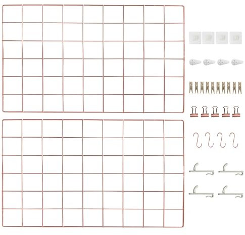 CIKLCIX Metal Grid Wall Panel Rose Gold, Wire Grid Photo Display Organizer, 17.3×11.8 Wire Board Grid Wall, Grid Picture Frame, 2-Pack Wire Mesh Memo Board with Clips and Hooks