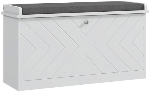 HOMCOM Banco Zapatero con Asiento Moderno Banco con Almacenaje Mueble Zapatero con Banco de Madera con Estantes Ajustables y Cojín Acolchado para 8 Pares de Zapatos 80x26x48 cm Blanco