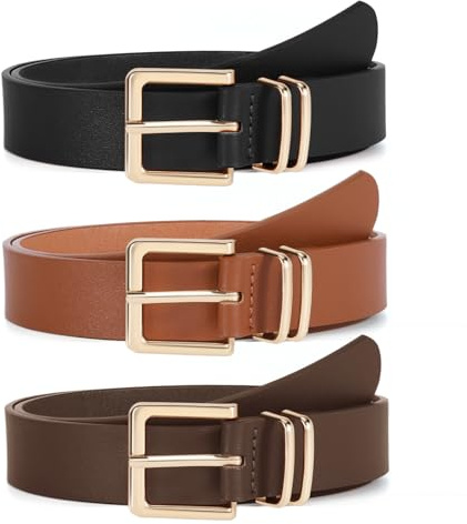 VONMELLI 3 PACK Women Leather Belts for Jeans Pants Dresses Fashion Ladies Waist Belt with Gold Square Buckle S