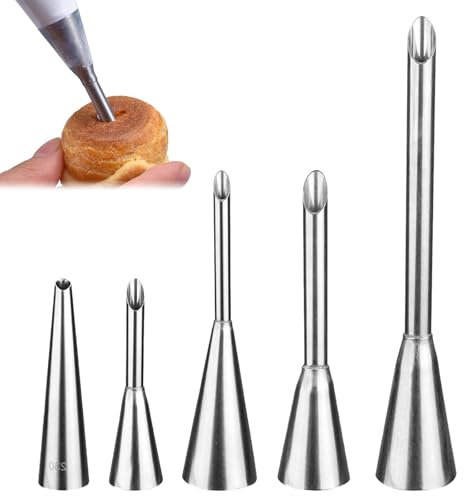 5 Stück Spritztüllen Fülltülle zum Backen Krapfenspritze für Marmelade, Edelstahl Krapfenfüller zum Füllen von Marmeladen Blätterteig Donuts Brot Blätterteig