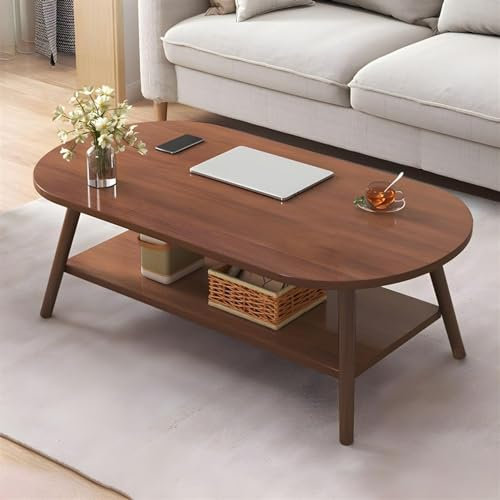 Mesa de centro ovalada de mediados de siglo con estante de almacenamiento, mesa de madera moderna de 2 niveles para apartamento pequeño, sala de estar, 80 cm