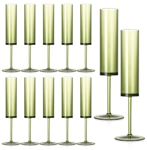 12 PCS Green Champagne Flutes Plastic 5.4OZ Clear Acrylic Champagne Glasses Long Stem Champagne Flutes Sparkling Wine Glasses Sage Green Champagne Glasses FOR Wedding Cocktail Cups Cava Prosecco