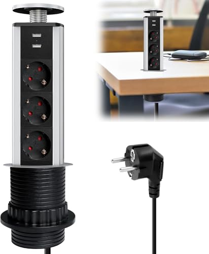 Presa da tavolo retrattile con 2 USB, presa retrattile a 3 vie da 60 mm, ciabatta integrata, presa integrata con cavo da 2 m, ciabatta da tavolo, presa multipla per piano di lavoro, ufficio, cucina