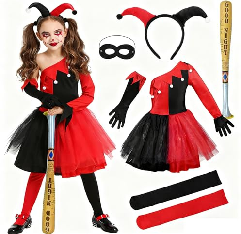 GEEKEO Déguisement Quinn Enfant Fille, Deguisement Clown Filles, Costume Carnaval Enfant Robe pour Filles, Joker Costumes Enfants pour Cosplay de Carnaval Halloween Noël Fête