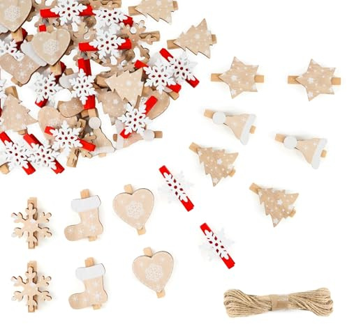 lafo 71 mollette in legno di Natale, mini mollette decorative per foto e calendario dell'Avvento, piccole mollette in legno per decorazioni natalizie