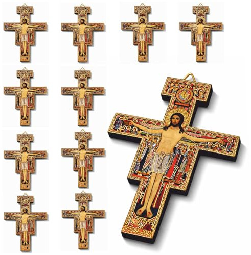 Generico Set 6 Croci San Damiano 9x6 cm in Vero Legno – Prodotte ad Assisi, Dettagli Oro – Bomboniere Prima Comunione, Regalo Catechismo Bambini (6)