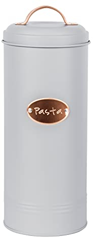 Novel Solutions Retro Round Pasta/spaghetti Canister with Lid. Decorative Kitchen Food Storage Tin for Pasta, Spaghetti and dry food,Grey/Copper Dia 11.0cm xH27.0m,DS-5081