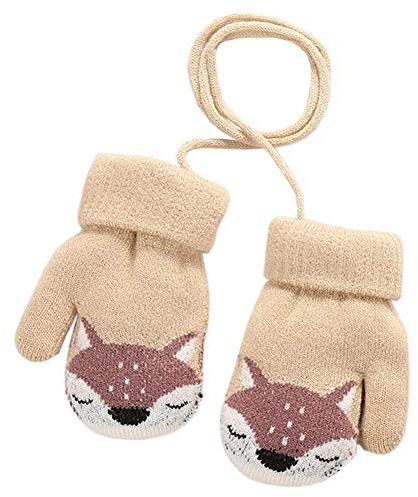 Bébé Bambin Moufles Hiver Chaud Gants Tricoté Epais Magique Mitaines Tricot Renard Mignon avec Doublure Fourrure Gloves Extérieur Ski Snowboard Moufles à Accrocher au Cou pour Garçons Filles 1-3 Ans