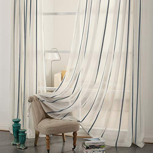 HM&DX Lino con Textura Cortinas Visillo Gancho,1 Panel Raya Decorativo Ventanas Cortinas Voile,filtrado De Luz Cortinas De Tul Salon Azul 250x270cm(98x106in)