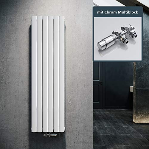 ELEGANT Radiatore di design piatto, 1600 x 462 mm, con termostato cromato multiblocco, colore bianco, doppio strato, verticale, collegamento centrale