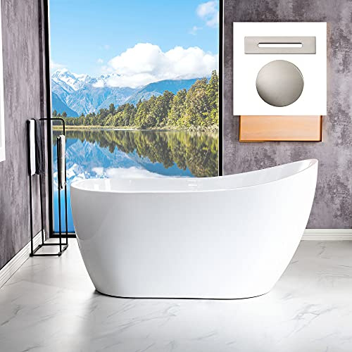 WOODBRIDGE 54Freestanding White Acylic Soaking Bathtub with Brushed Nickel Drain and Overflow,BTA1507 -B/N-Drain &O