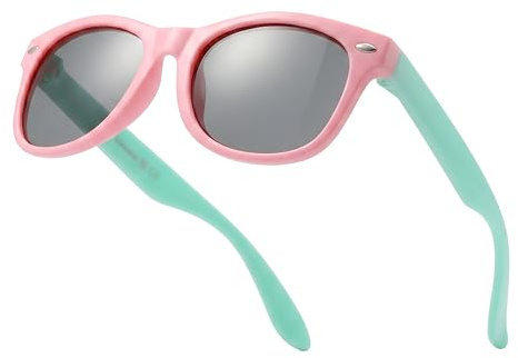 Komonee Kids Flexible Sunglasses Polarized Pink With Turquoise Silicone Drifter Classic Style Retro Sun Shades Eye Glasses UV400 Unisex For Boys and Girls Age 3-10