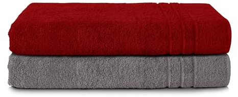Komfortec 2er Saunatuch Set 70x200 cm aus 100% Baumwolle, XXL-Saunatücher, Sauna Handtuch, Weich, Groß, Frottee, Schnelltrocknend, Anhtrazit Grau/Aurorarot