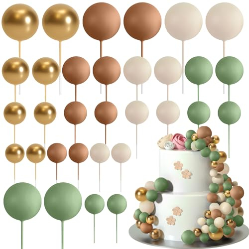 ASTARON 32 Pcs Ball Cake Topper Decorations Mini Balloons Cake Topper Sticks Foam Balls Cake Picks Cake Topper Balls Cake Decorations for Wedding Party Birthday Cake Decorating (Green Brown Gold)