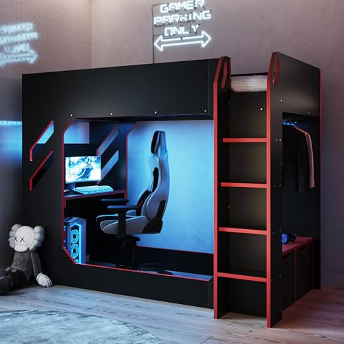 Flair Furnishings Recoil - Single High Sleeper Bed for Kids, Gaming Bed with Desk and LED Lighting, Heavy Duty and Sturdy, TV Compatible, Space-Saving Design (Black)