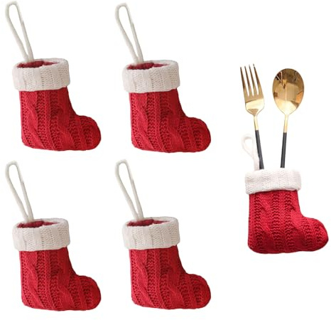 Suxgumoe Christmas Cutlery Silverware Holders Set, 4 Pcs Red Knitted Christmas Stockings Tableware Bags, Knife and Fork Bags Covers Flatware Holder for Xmas Table Decorations