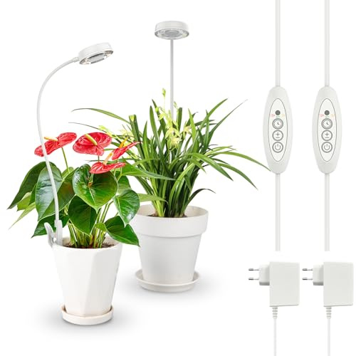 SANSI Växtlampa, 48 LED-tillväxtljus med fullt spektrum 4 000 K, 10 W LED-tillväxtlampa för inomhus med 3H/6H/12H automatisk timer och 4 ljusstyrka för små växter (2 st) | Dimbar - Tillväxt LED trädgårdsodling 3/6/12H timer, odling med klämma för små inomhusväxter